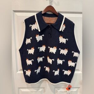 Cider Navy Cat Pattern Collared Knit Vest